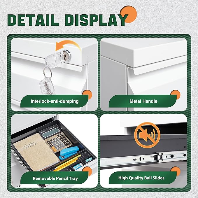 Letaya 3 Drawer Mobile File Cabinet with Lock, Under Desk Metal Filing Cabinets for Home Office Organizer Letters/Legal/A4(Fully Assembled-White)