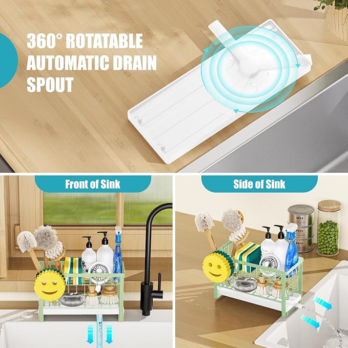 Sponge Holder for Kitchen Sink with Flexible Sponge Holder Smiley Face,2 Tier Kitchen Sink Organizer Countertop and Storage Essentials,Soap Dispenser Organize,Home Decor Accessories-Green