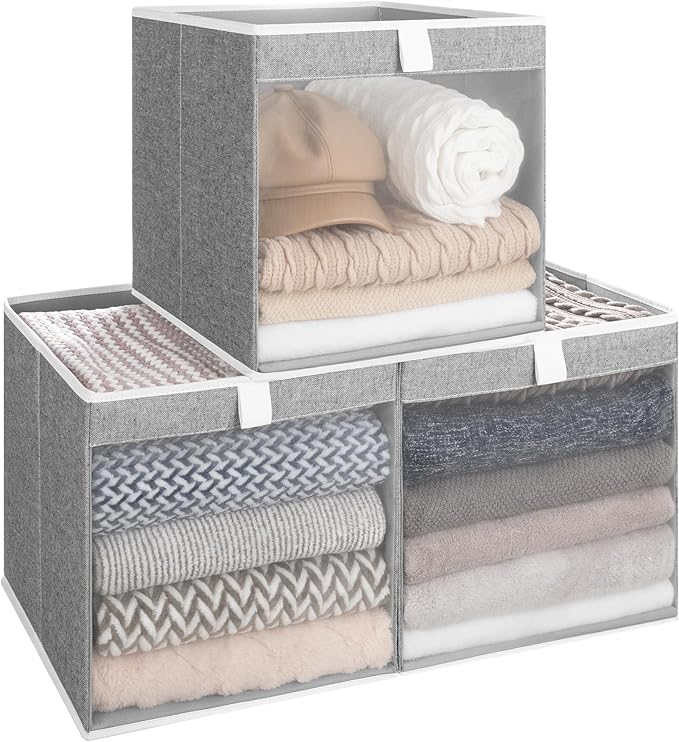 StorageWorks 13x13 Storage Cubes, Closet Storage Bins with Clear Window, Large Fabric Organizer for Clothes, Collapsible Storage Baskets with Handles, Gray, 3-Pack