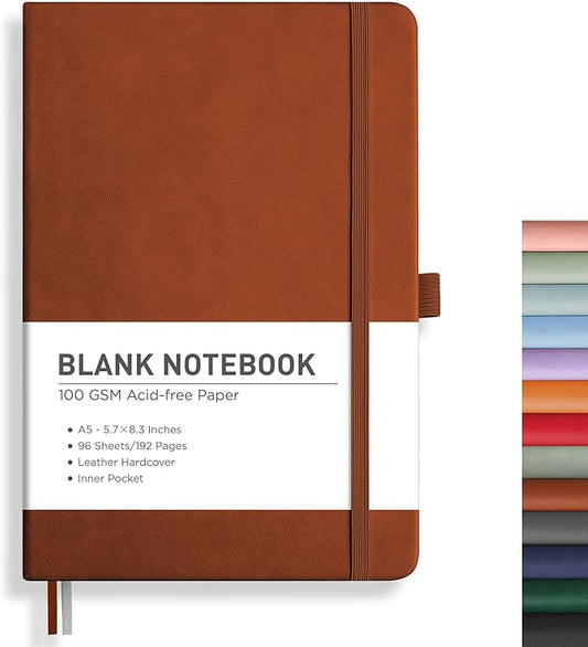 RETTACY Blank Journal Notebook, 192 Pages, A5 Medium Size (5.7'' x 8.3''), Leather Hardcover, 100 GSM Thick Paper, for Sketching, Drawing, Painting (Brown)