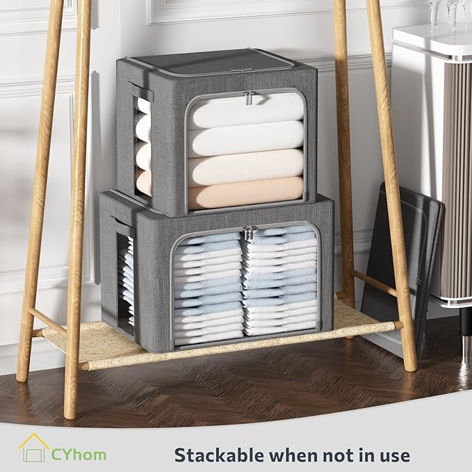 CYhom Clothes Storage Bins Box - Linen Fabric Foldable Stackable Container Organizer Set with Clear Window & Carry Handles & Metal Frame (Dark Gray, Medium-36L)