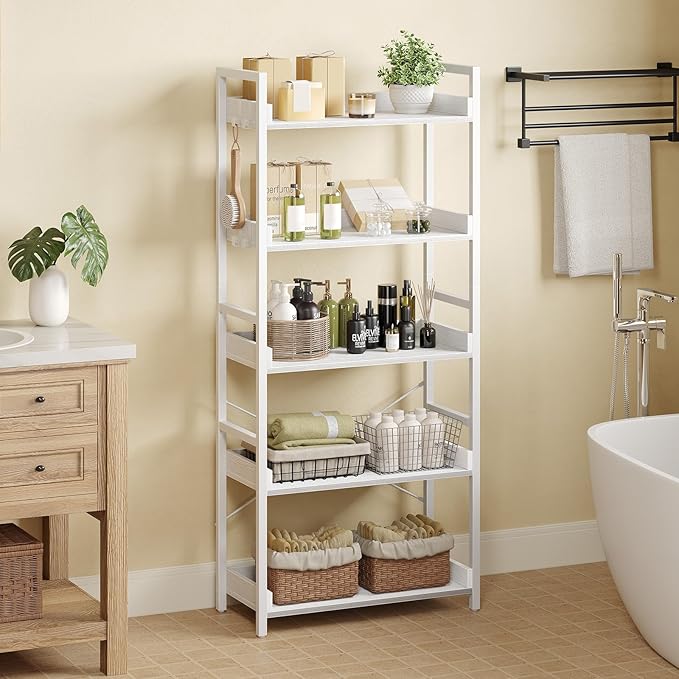 Rolanstar Bookshelf 5 Tier with 4 Hooks, Industrial Wood Bookcase, Vintage Storage Rack with Open Shelves, Rustic Standing Bookshelves Metal Frame Display Rack for Living Room, Bedroom, White