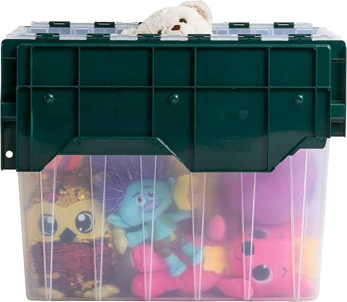 Akro-Mils KeepBox 18 Gallon Storage Container, Nesting and Stackable Plastic Storage Box with Lid Attached, Clear Tote for Garages, Closets, and Moving, 21" x 15" x 17", Clear/Green