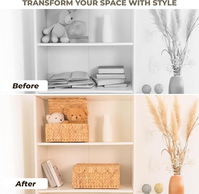 KOKODO Set of 2 Scalloped Wicker Baskets – Handwoven Rectangular Water Hyacinth Storage Baskets with Lid and Handles for Organizing, Living Room & Shelf Decor – Rattan Organizing Bins