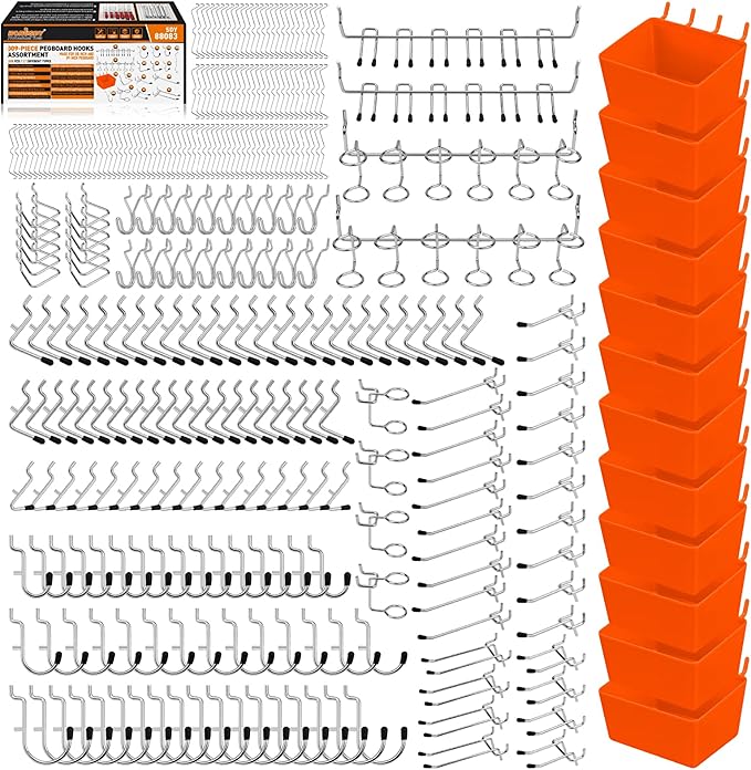 HORUSDY 309 PCS Pegboard Hooks Assortment Kit – 17 Types Heavy Duty Peg Board Hooks & Organizer Accessories – Fits 1/8 & 1/4 Inch Pegboard Durable Metal Wall Hooks for Garage Kitchen Workshop