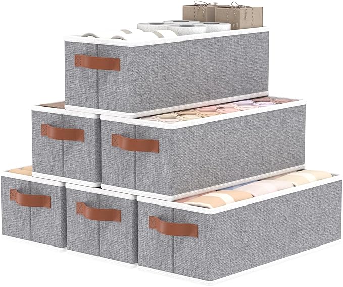 OUTBROS Storage Bins, Foldable Baskets for Organizing, Fabric Boxes With Handles, For bedrooms, living rooms, Shelves, Grey, 15 x 6.1 x 5.1 inch, 6-Pack