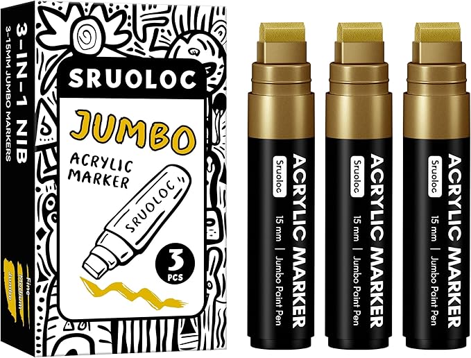 3 Jumbo Permanent Markers Gold, 15mm Thick Wide Tip, Large Acrylic Paint Markers for Rock Painting, Poster, Stone, Ceramic, Glass, Wood, Canvas