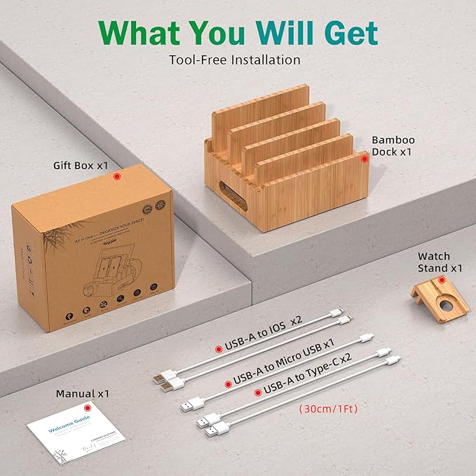 Pezin & Hulin Cell Phone Charging Stations, Bamboo Dock Organizer for Multi Devices, Tablets, Smart Watch, with Pack 5 Cables, No Power Charger Supply