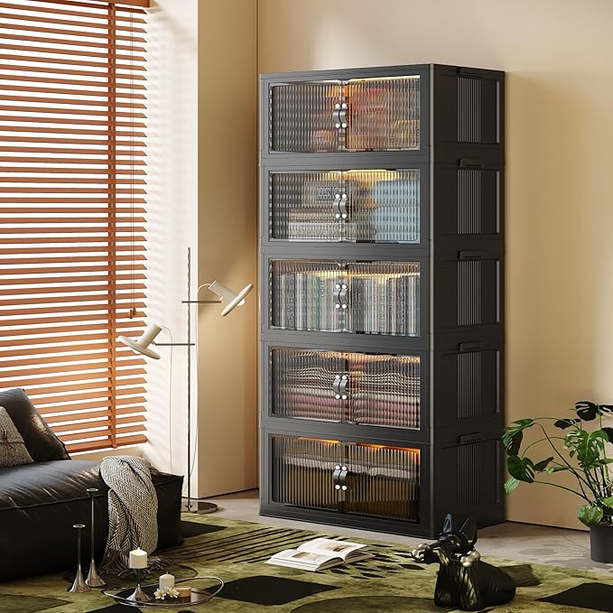 SAILUN 145Gal/580Qt Stackable Storage Bins Folding Collapsible Storage Bins with Lid, Closet Organizers and Storage, Storage Box with Door Black 26" W x 17" D x 71" H