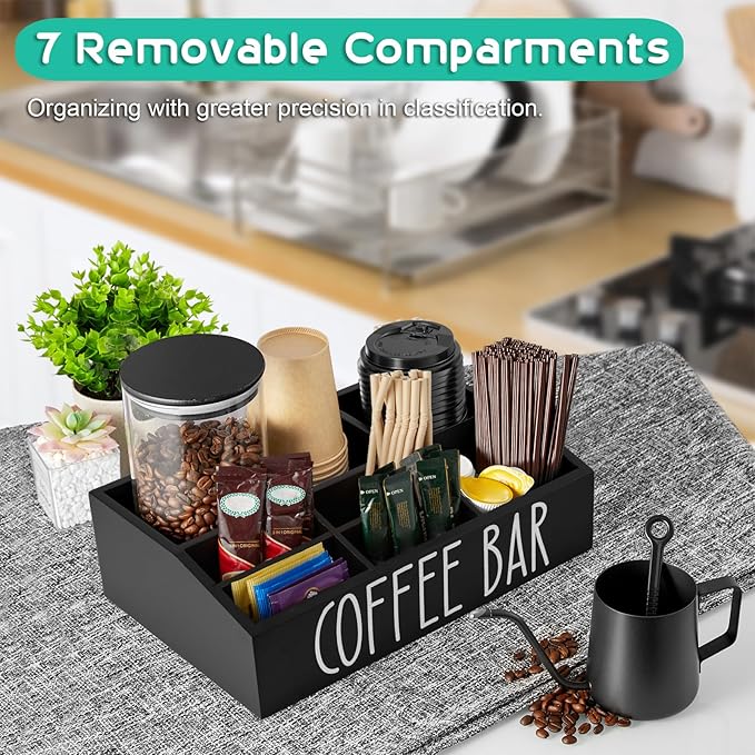 ALELION Coffee Station Organizer for Countertop - 7 Compartments Coffee Bar Accessories and Organizer with Removable Dividers - Black Coffee and Tea Condiment Organizer