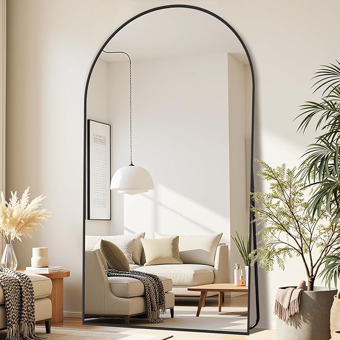 Full-Length Floor Mirror with Stand, 81"x41" Arched Style Full Body Standing Mirror for Bedroom, Living Room, Gym, Dorm - Shatter-Resistant & Easy Assembly, Black