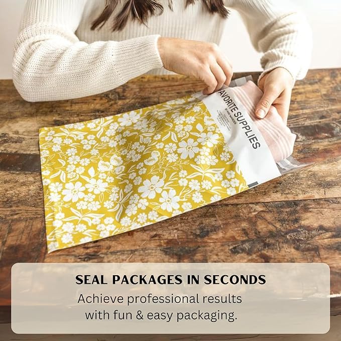 Poly Mailers 10x13 Inch 100 Pack Medium Shipping Bags Strong Thick Mailing Envelopes | Self Sealing Adhesive | Waterproof & Tear Proof | Small Business Packaging for Clothing - Floral Mustard Yellow