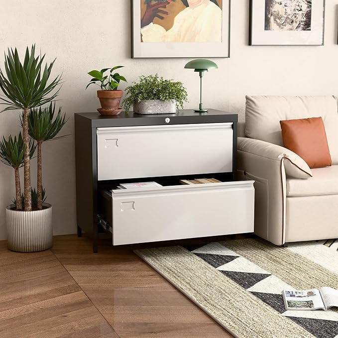 Metal Lateral File Cabinet with 2 Drawers, Wide Lateral Filing Cabinet with Lock for Hanging Files Letter/Legal/F4/A4 Size for Home Office School, Black and Grey, Assembly Required