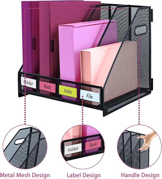 Desk Organizers, Metal Magazine File Holder with 4 Vertical Compartments Rack Binder File Organizer for Office Supplies, Home Workspace - Black