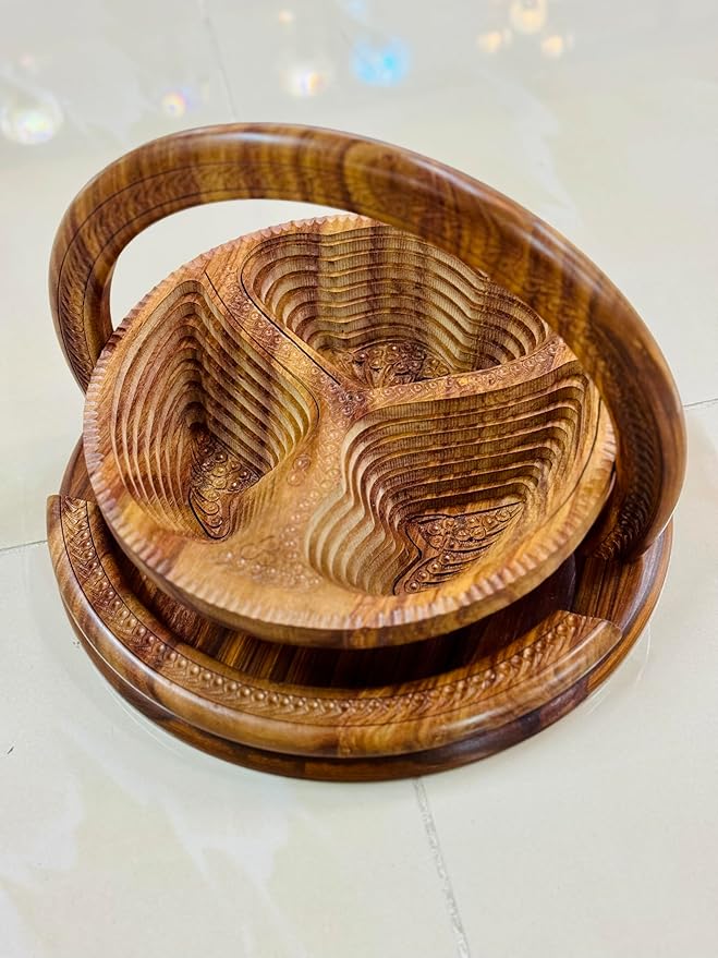 Handmade 12″ Collapsible Wooden Basket, 3-Compartment Angel Wings Design in Himalayan Rosewood, Fruit Basket, Bread Bowl & Trivet, Folds Flat for Easy Storage – Unique Centerpiece & Gift
