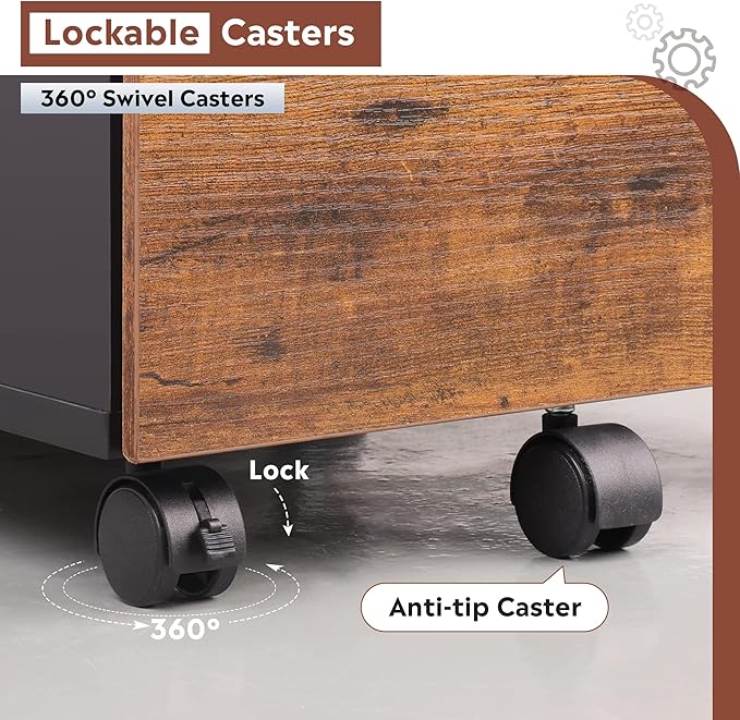 DEVAISE 3 Drawer Rolling File Cabinet with Lock, Wood Under Desk Filing Cabinet fits Letter/Legal/A4 Size for Home Office, Rustic Brown