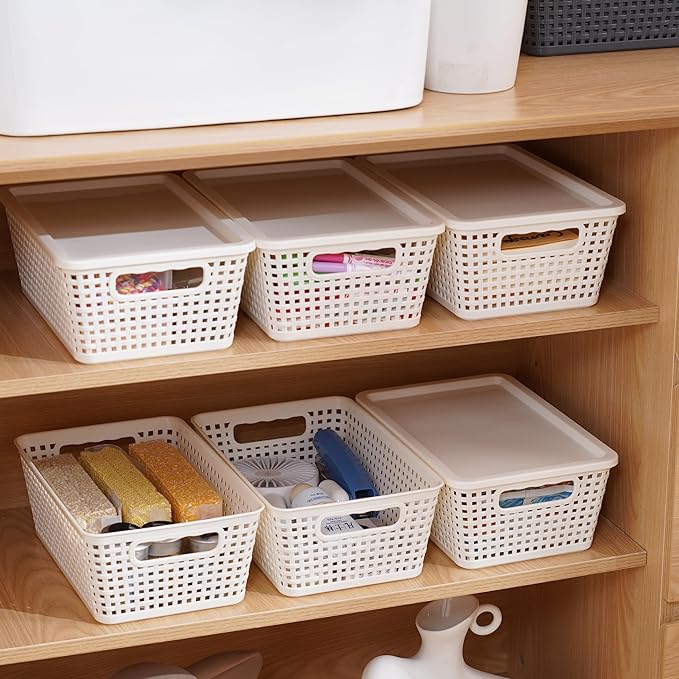 Plastic Storage Baskets With Lid, Storage Bins for Organizing, Stackable Decorative Containers for Shelves Drawers Desktop Closet Playroom Classroom Office, 6 Pack- White
