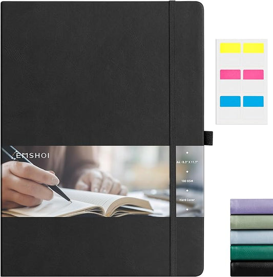 EMSHOI Hardcover Leather Lined Journal - 8.5" x 11" College Ruled Notebook for Women & Men, 192 Pages, 100 GSM Thick Paper, Sticky Notes - Professional A4 Writing Journal for Work, Office, Black