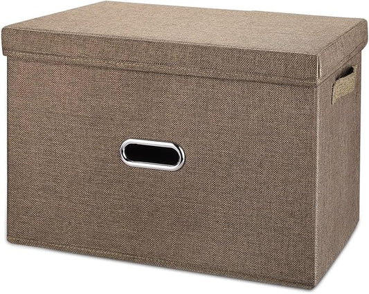 Large Linen Collapsible Storage Bins with Removable Lids and Handles, Washable Storage Box Containers Baskets Cube with Cover for Bedroom,Closet,Office,Living Room,Nursery (Coffee, Large)