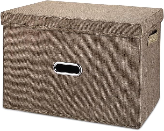 Linen Fabric Collapsible Storage Bins with Removable Lids and Handles, Washable Storage Box Containers Baskets Cube with Cover for Bedroom,Closet,Office,Living Room,Nursery (Coffee, Small)