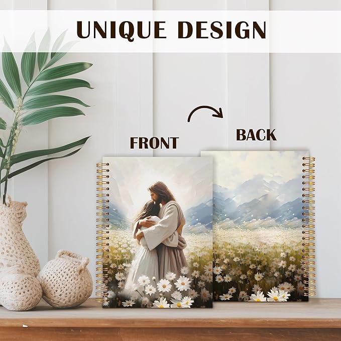 Qabliqo Jesus Christian Spiral Notebooks, Christian Gift Journal for Women, Daisy Flower Field Jesus Hugging Journals for Woman, Religious Notebook for Note Taking, 5.5x8.3 Inch