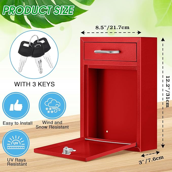 Locking Mailbox with Key for Outdoor 12.2 x 8.5 x 3 Inches Large Wall Mount Mail Box with Lock Security Mail Drop Metal Collection Boxes Hanging Secure Postbox(Red)