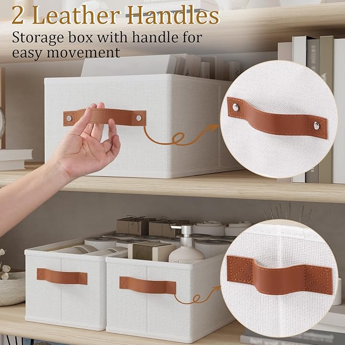 OUTBROS Storage Boxes, Fabric Bins With Handles, Foldable Baskets for Organizing, For bedrooms, living rooms, Shelves, White, 15 x 6.1 x 5.1 inch, 6-Pack