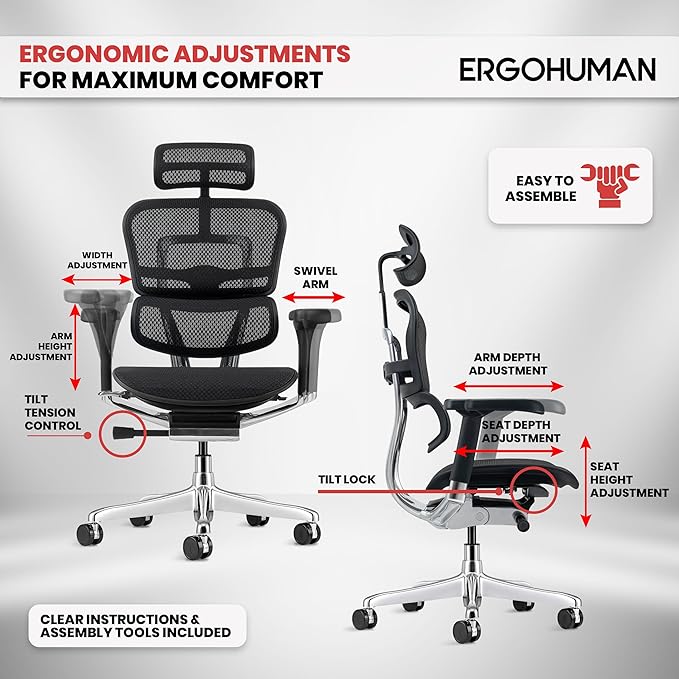 Ergohuman Eurotech ME7ERG GEN2 High Back Mesh Office, Computer, or Gaming Chair w/Tilt Tension Control & Lock, Back Angle/Height, Swivel Arms, Seat Height,/Depth, and Arm Height Adjustments, Black