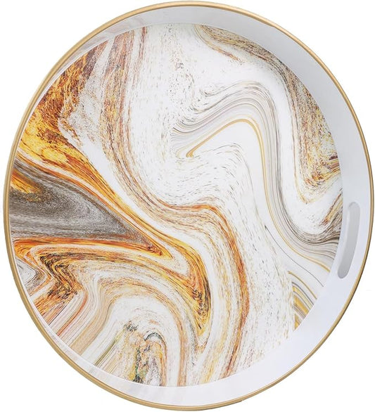 Round White Marbling Decorative Tray with Handles, 13" Morden Plastic Serving Tray for Coffee Table Bathroom, Ottoman, Home Decor
