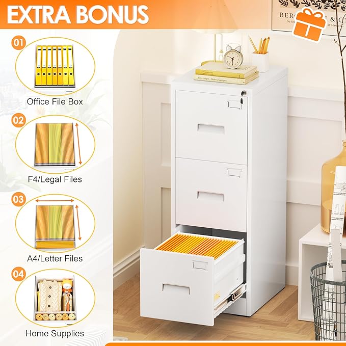 INTERGREAT 3 Drawers File Cabinet with Lock, 18" D Metal White Vertical Filing Cabinet for Hanging Folders, Easy Assemble