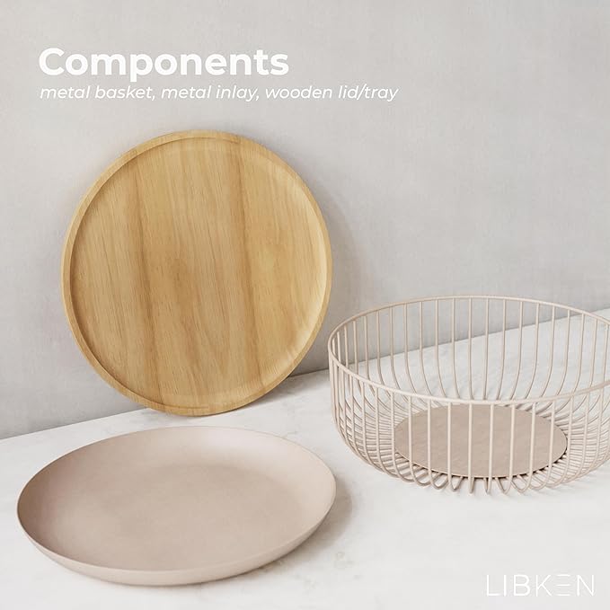 Fruit Basket for Kitchen - Multi-Purpose Stackable Basket with Wooden Lid - Powder Coated Metal and Rubber Wood - Wire Baskets for Organizing - Minimal Design - 11.4''x11.4''x4.5'' - Peach
