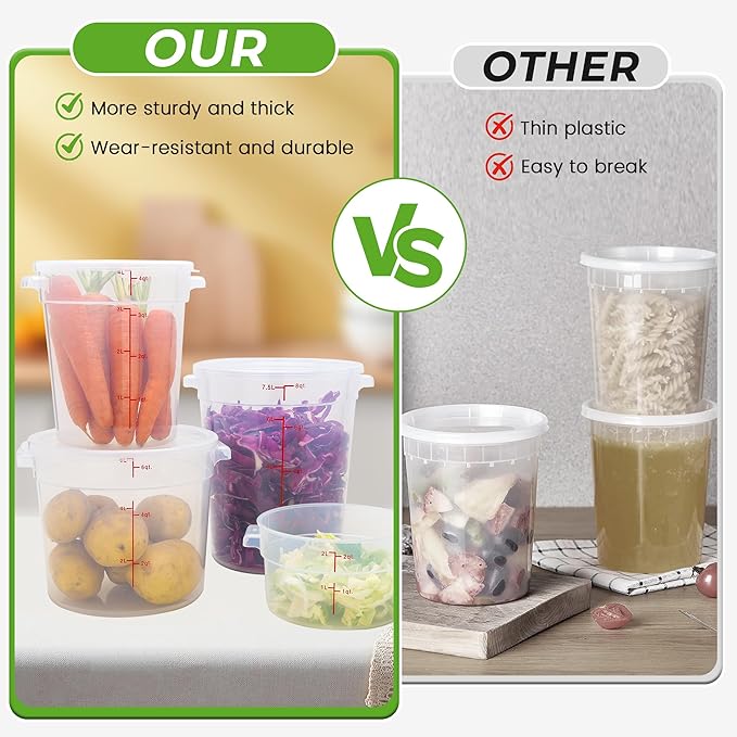 4 Pack Round Food Storage Containers with Lids, 2Qt Translucent, Polypropylene, BPA Free, Includes Labels & Measuring Cups