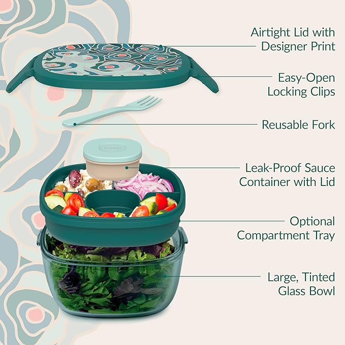 Bentgo Glass Prints All-in-One Salad Container - 61oz Tinted Glass Salad Bowl with Lid, Bento-Style Tray, Sauce Container, & Reusable Fork - Dishwasher & Microwave Safe (Floral Maximalist - Sea)