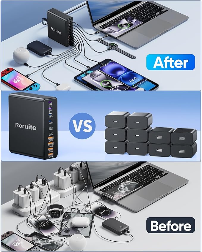 460W USB C Charger Block, 10-Port Charging Station GaN Fast Charger Block Type C & USB A Wall Charger, Dual 65W Laptop Multiport for iPhone 17, iPad, MacBook Pro/Air, Samsung Galaxy, Android(Grey)