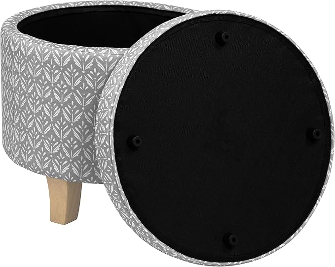 HomePop Upholstered Round Storage Ottoman|Homepop Home Décor|Upholstered Round Foot Rest Ottoman - Light Grey Print