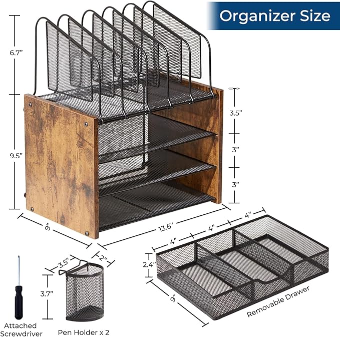 Y YOMA Mesh Desk Organizer with Drawer, 4-Tier Wood Desktop Organizer with 5 Vertical File Holders and 2 Pen Holders Office Desk Accessories for Home Dorm Classroom