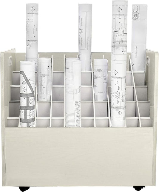 AdirOffice Adir Blue Print Storage Organizer - Mobile Roll File Cart, Construction Plan Holders, Blueprint Cabinet with Wheels, Roll Files Storage for Office and Home (50 Slots, White)