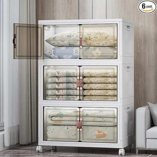 Extra Large Stackable Storage Bins with Lids & Wheels & Door, 480QT-160QT/40GAL*3Pack Foldable Collapsible Closet Organizers, Plastic containers drawers for bedroom Dorm