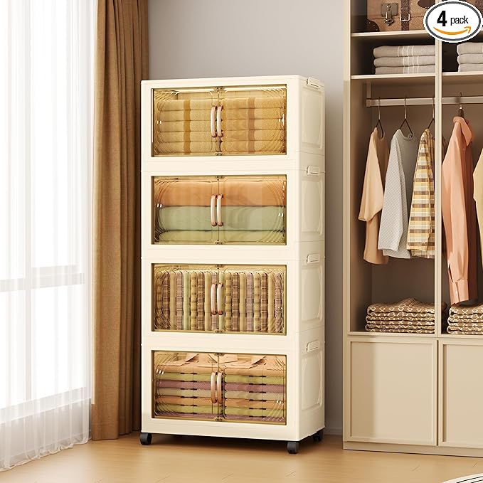 102QT Plastic 4 Tier Storage Bins with Lids,Folding Storage Box with Doors and Wheels Stackable Storage Bins,Closet Organizers and Storage for Living Room,Office,Dorm