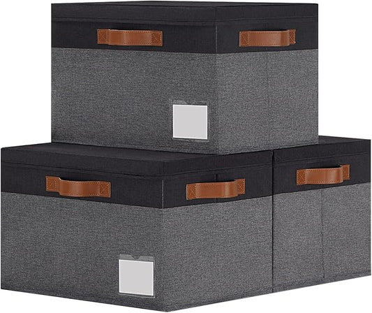GhvyenntteS Extra Large Storage Bins with Lids, Foldable Fabric Storage Boxes with Lids and Handles, Storage Baskets with Lid and Label for Home Office (3 Pack, Grey&Black, 15.75" x 11.8" x 10.2")