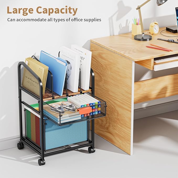 Marbrasse Rolling File Cart with Adjustable Dividers, Mobile File Cabinet on Lockable Wheels, Office Filing Cabinet Organizer, Hanging File Folder Organizer for Home Office - Dark Brown