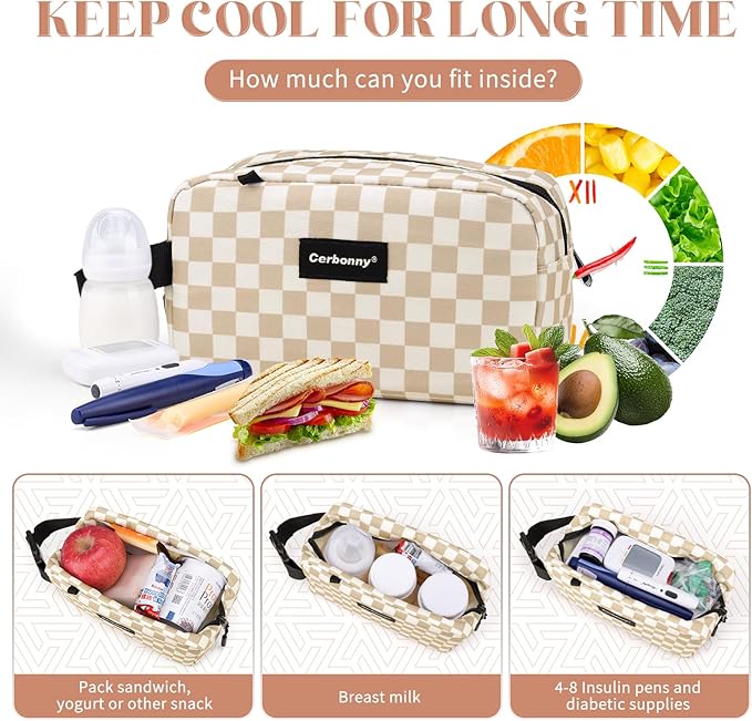 Cerbonny Small Cooler Bag Freezable Lunch Bag for Work School Travel,Small Lunch Bag,insulated snack bag For Adults/Kids,Mini Cooler,Lunch bag small Fit For Yogurt（Khaki Checkerboard