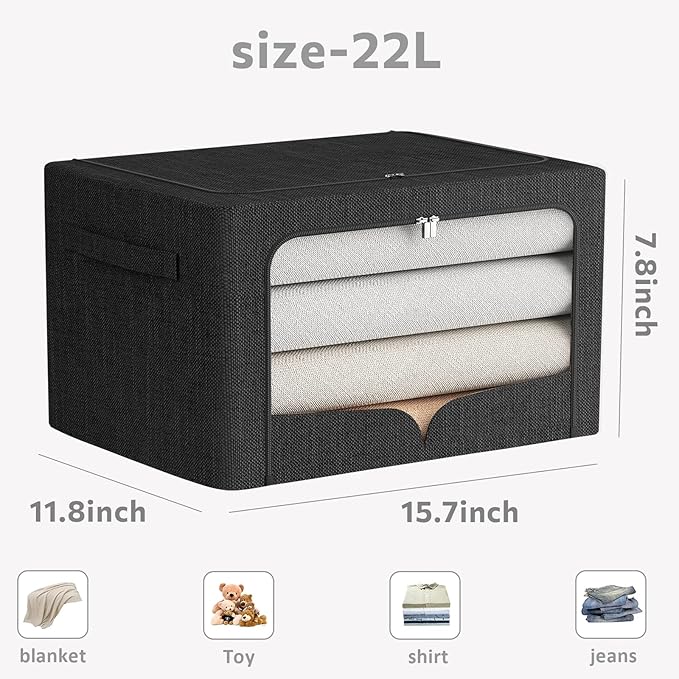 FHSQX 3 Pack Clothes Storage Bins Foldable Metal Frame Storage Box Stackable Linen Fabric Organizer Set with Carrying Handles and Clear Window (Black, 15.7x11.8x7.8inch(22L))