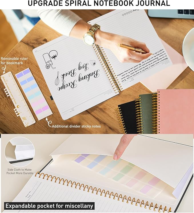 A4 Spiral Notebook Journal 8.5” x 11”, 256 Numbered Pages Hardcover Leather Journals for Women Men, Large Lined College Ruled Notebooks, 100GSM Thick Paper, Spiral Bound Journal for Work School, Black