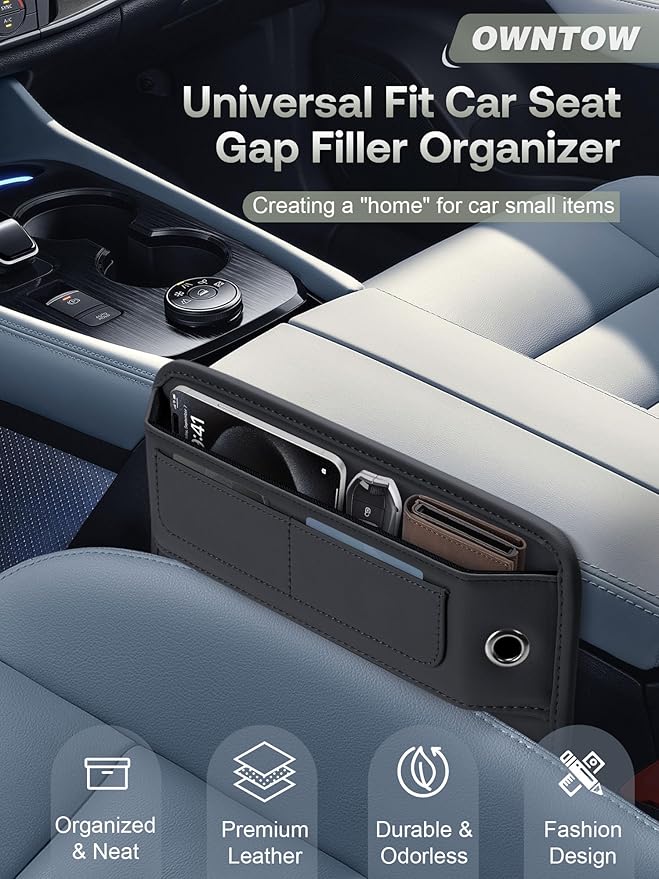 Universal Fit Premium Leather Car Seat Gap Filler Organizer, Center Console Organizer with Card Slots for Car Suv Truck (Black, 1 Pack)