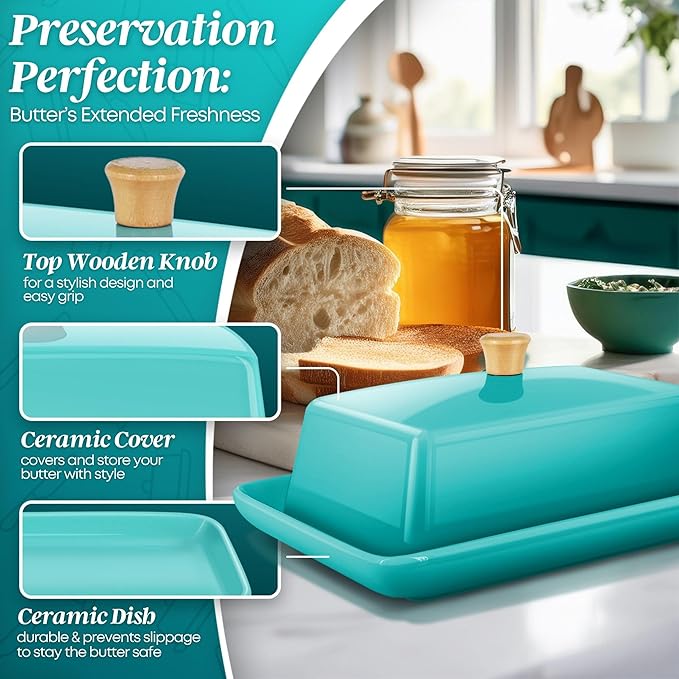 Flexzion Ceramic Blue European Butter Dish with Lid for Countertop (7 Inch) - Wide 2 Stick Double Butter Holder for Counter, Cream Cheese Container Storage Keeper