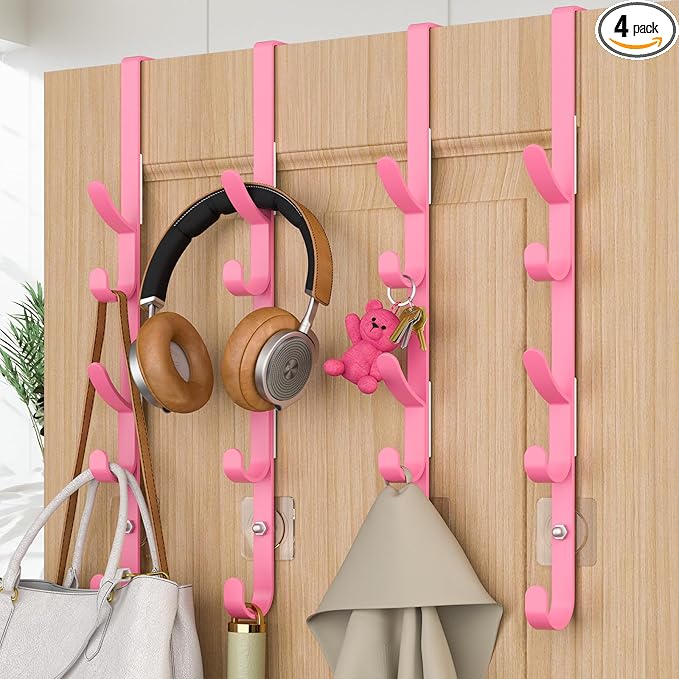 Over The Door Hooks, Metal Door Hooks for Hanging, Over The Door Purse Organizer for Coat Hanger, Back of Shower Door for Hanging Towel Rack Clothes, Hat, Bathroom, Closet (Pink-4Packs)