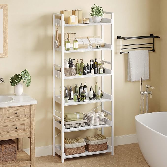 Rolanstar Bookshelf 6 Tier with 4 Hooks, Industrial Wood Bookcase, Vintage Storage Rack with Open Shelves, Rustic Standing Bookshelves Metal Frame Display Rack for Living Room, Bedroom, White