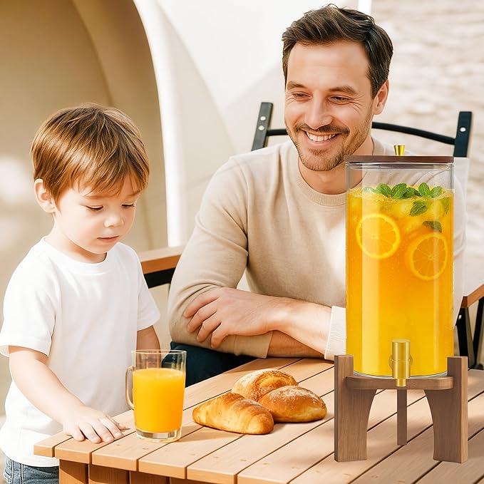 Glass Drink Dispenser,1.5 Gallon Beverage Dispenser with Stand,Lemonade Dispenser with Stainless Steel Faucet,Drink Dispensers for Parties, Bars and Home (Round Stand)