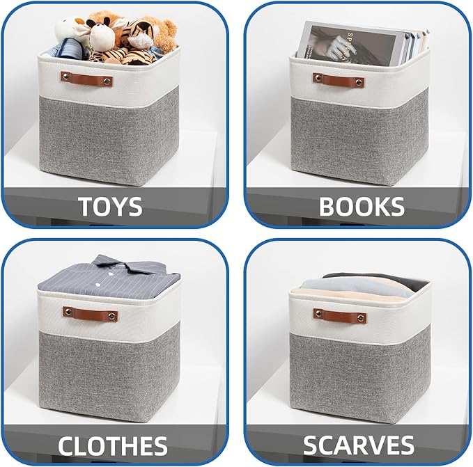 Temary 12 Inch Storage Baskets Foldable Fabric Storage Cubes 4PCs Storage Bins Organizer with Handles, Baskets for Organizing Clothes, Towels (White & Grey, 12 x 12 x 12)